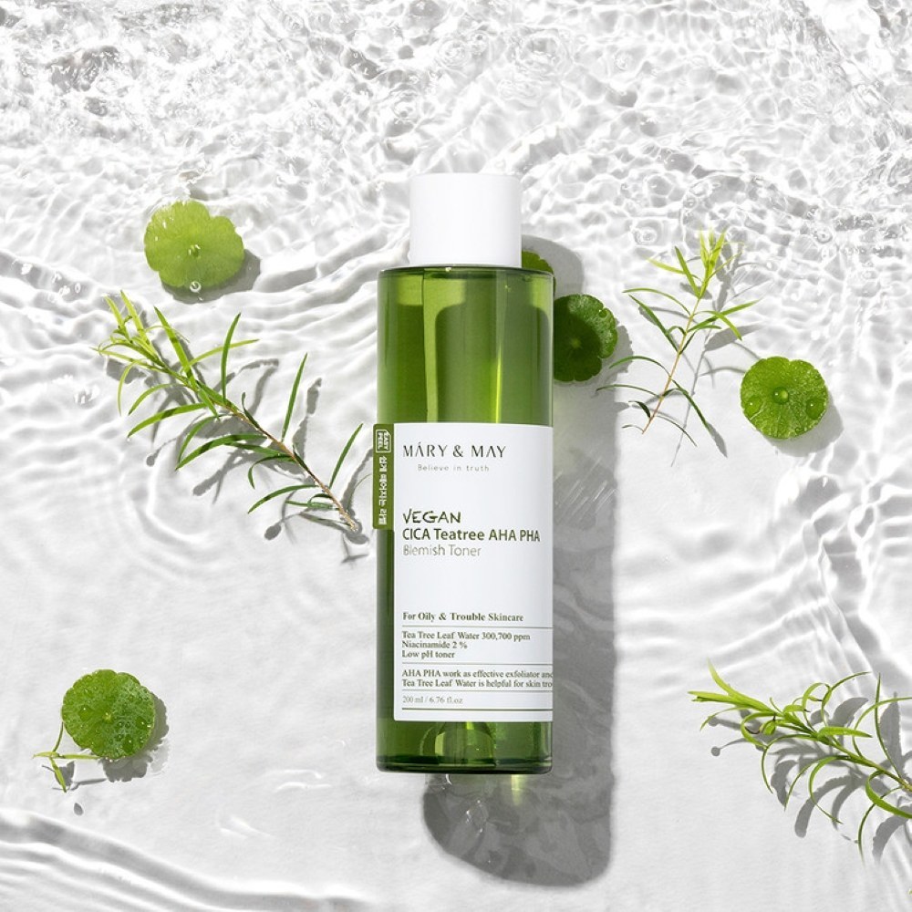 تونر وگان سیکا و درخت چای مری اند می – Mary & May Vegan Cica Tea Tree AHA PHA Toner Special Set تاریخ ۲۰۲۸ حجم ۲۰۰ میل
